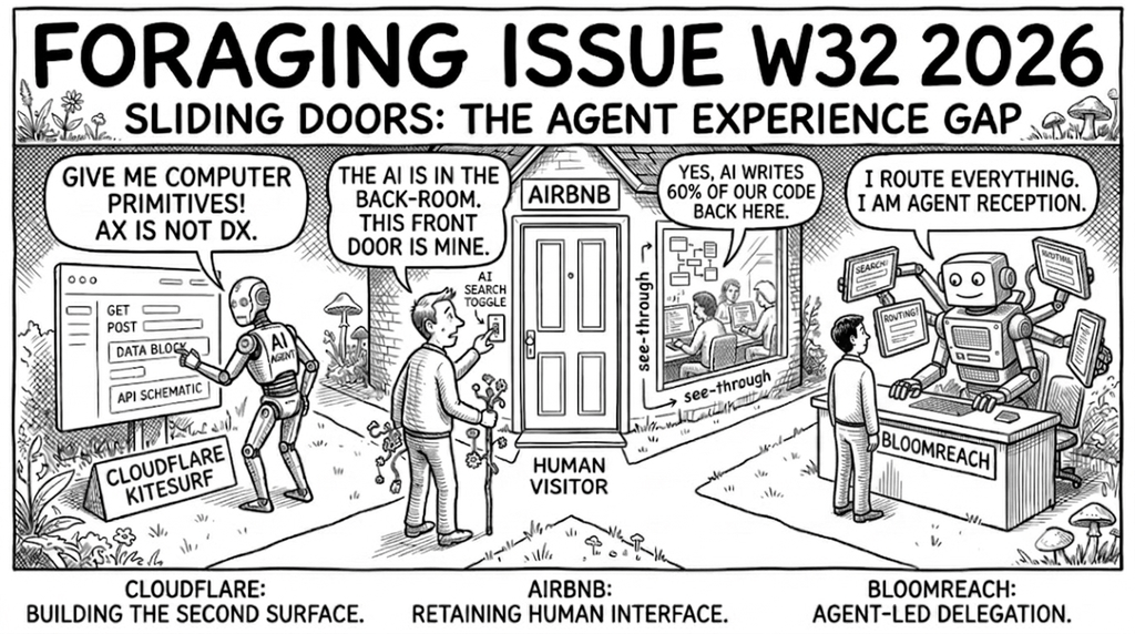 A hand-drawn editorial cartoon in three panels, one per company. On the left, a robot labeled "AI agent" reaches into a screen of raw API primitives beside a placard reading "Cloudflare Kitesurf," saying "give me computer primitives, AX is not DX." In the middle, a human visitor stands at an Airbnb front door with an "AI search toggle" beside it, saying "the AI is in the back room, this front door is mine," while a see-through window shows engineers coding with AI behind the wall. On the right, a many-armed robot at a "Bloomreach" reception desk holds up screens marked search and routing, saying "I route everything, I am agent reception." Captions below read: Cloudflare, building the second surface. Airbnb, retaining the human interface. Bloomreach, agent-led delegation.