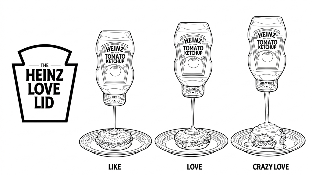 A black-and-white line drawing in the same hand-drawn style as the cover. On the left, the Heinz keystone logo with the words "The Heinz Love Lid." To the right, three upended Heinz Tomato Ketchup bottles, each with a dial on its cap set to a different position: Like, Love, and Crazy Love. Under each bottle a burger on a plate receives progressively more ketchup, from a thin stream on the first to a burger buried under it on the third. Captions beneath read Like, Love, Crazy Love.