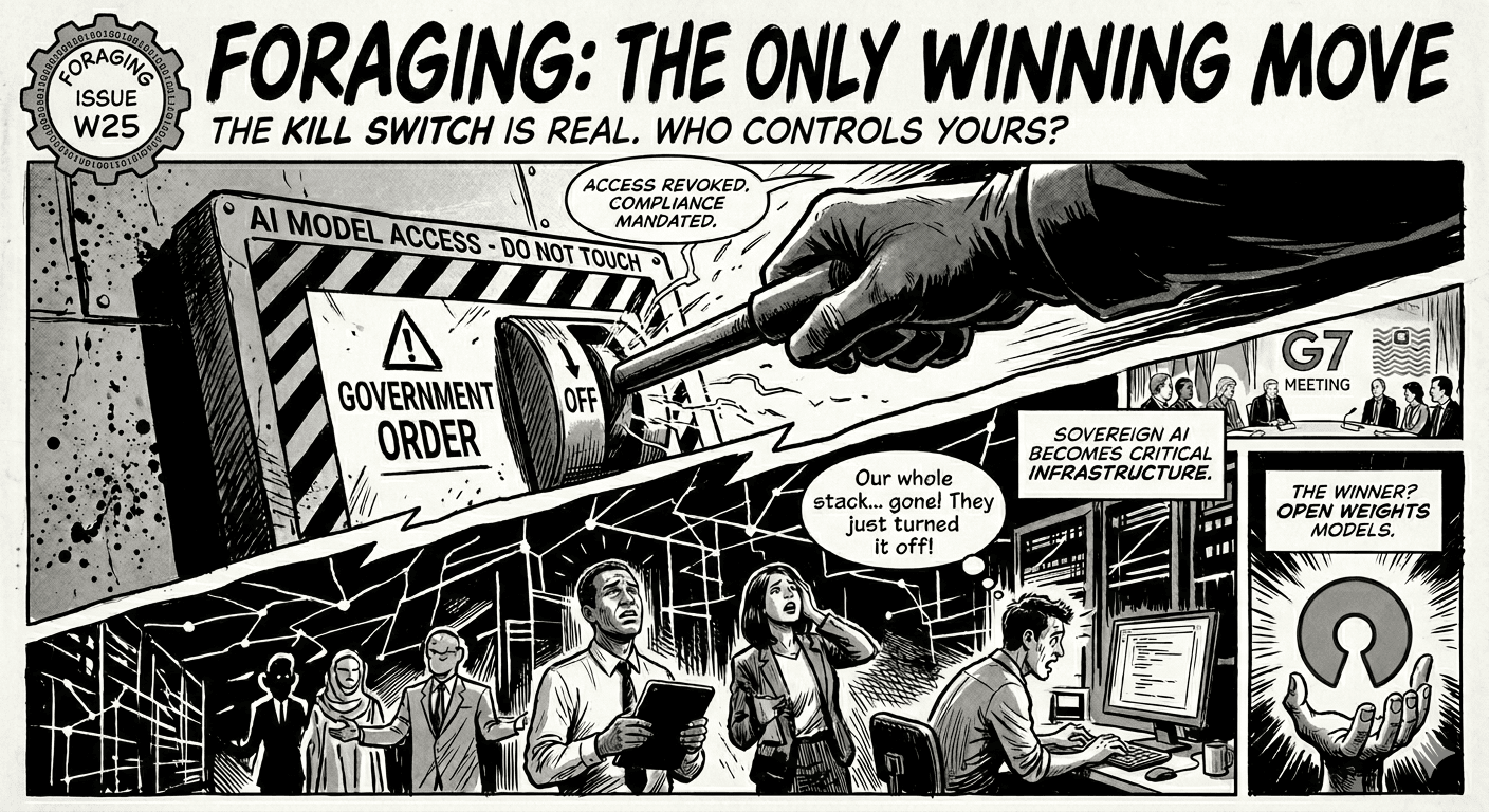 A giant hand labeled "Government Order" flips the OFF switch on a crate marked "AI Model Access, Do Not Touch." Office workers panic that their whole stack is gone, a G7 meeting convenes in the background under "Sovereign AI becomes critical infrastructure," and a caption reads "The winner? Open weights models."