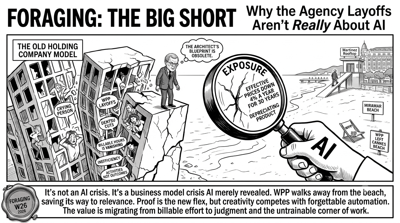 Editorial cartoon. On the left, the cracking towers of "The Old Holding Company Model" shed panicked workers and speech bubbles reading "WPP layoffs," "Dentsu cuts," "billable hours is vanishing," "inefficiency," "activities not outcomes." Martin Sorrell stands on a crumbling ledge thinking "the architect's blueprint is obsolete." A hand labeled "AI" holds a magnifying glass over the crack, captioned "Exposure: effective prices down 4% a year for 30 years, depreciating product." On the right, an empty Miramar beach with a lone WPP deck chair and a sign reading "WPP left Cannes beach," the Martinez rooftop above.