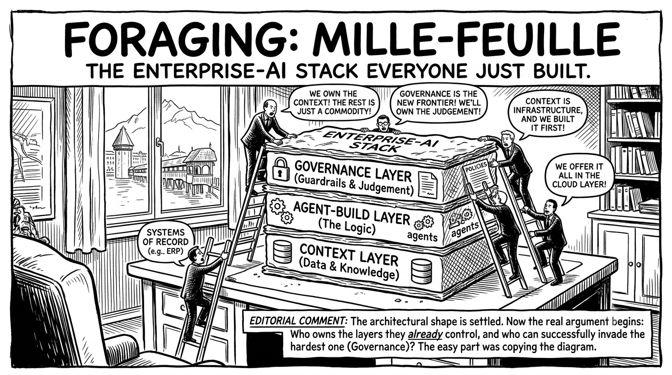 Editorial cartoon. A mille-feuille pastry labeled "Enterprise-AI Stack" sits on a study desk with three visible layers: a Context Layer (Data & Knowledge), an Agent-Build Layer (The Logic), and a Governance Layer (Guardrails & Judgement) capped with a padlock. Suited figures climb ladders against it, each with a speech bubble staking a claim: "We own the context! The rest is just a commodity!", "Governance is the new frontier! We'll own the judgement!", "Context is infrastructure, and we built it first!", "We offer it all in the cloud layer!", and a smaller figure labeled "Systems of Record (e.g. ERP)." Through the window is Lucerne's old town with the Chapel Bridge and Water Tower. A boxed editorial comment reads: the architectural shape is settled; now the real argument begins over who owns the layers they already control and who can invade the hardest one, Governance. The easy part was copying the diagram.